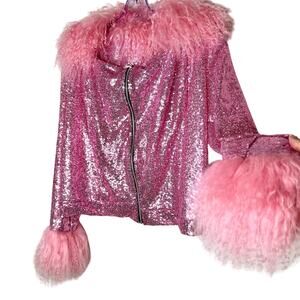 CUSTOM Isolated Heroes Pink Sequin Long Sleeve Zip Faux Fur Neck & Sleeve M